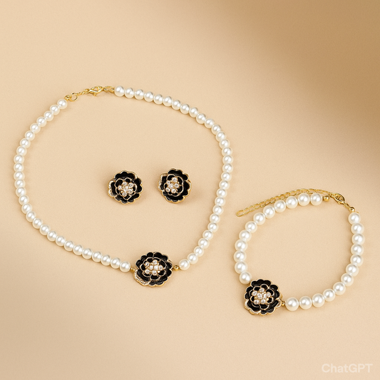 BONNARE Elegant Floral Pearl & Stone Jewelry Set – Necklace, Earrings & Bracelet
