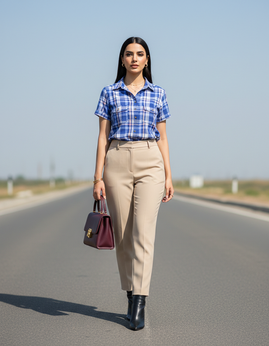 Blue Plaid Short-Sleeve Blouse- H&M Bonnare Style