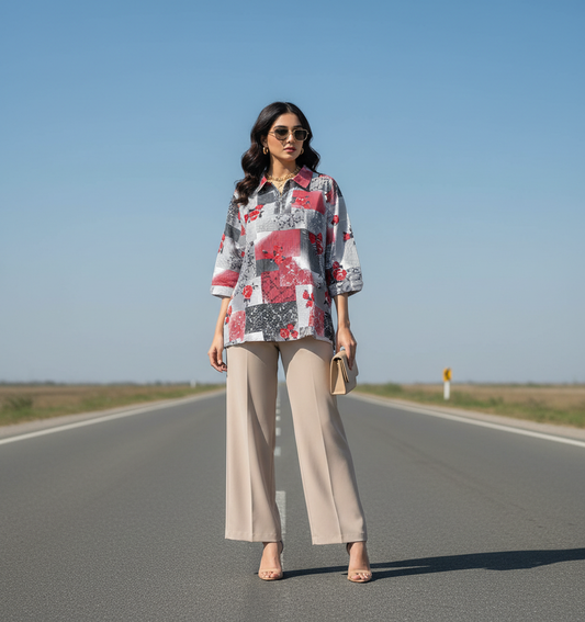 Patchwork Rose Polo Blouse Bonnare Style