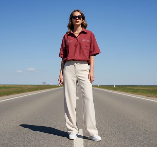 Maroon Popover Polo with Plaid Pockets - BASIC LINE Bonnare Style