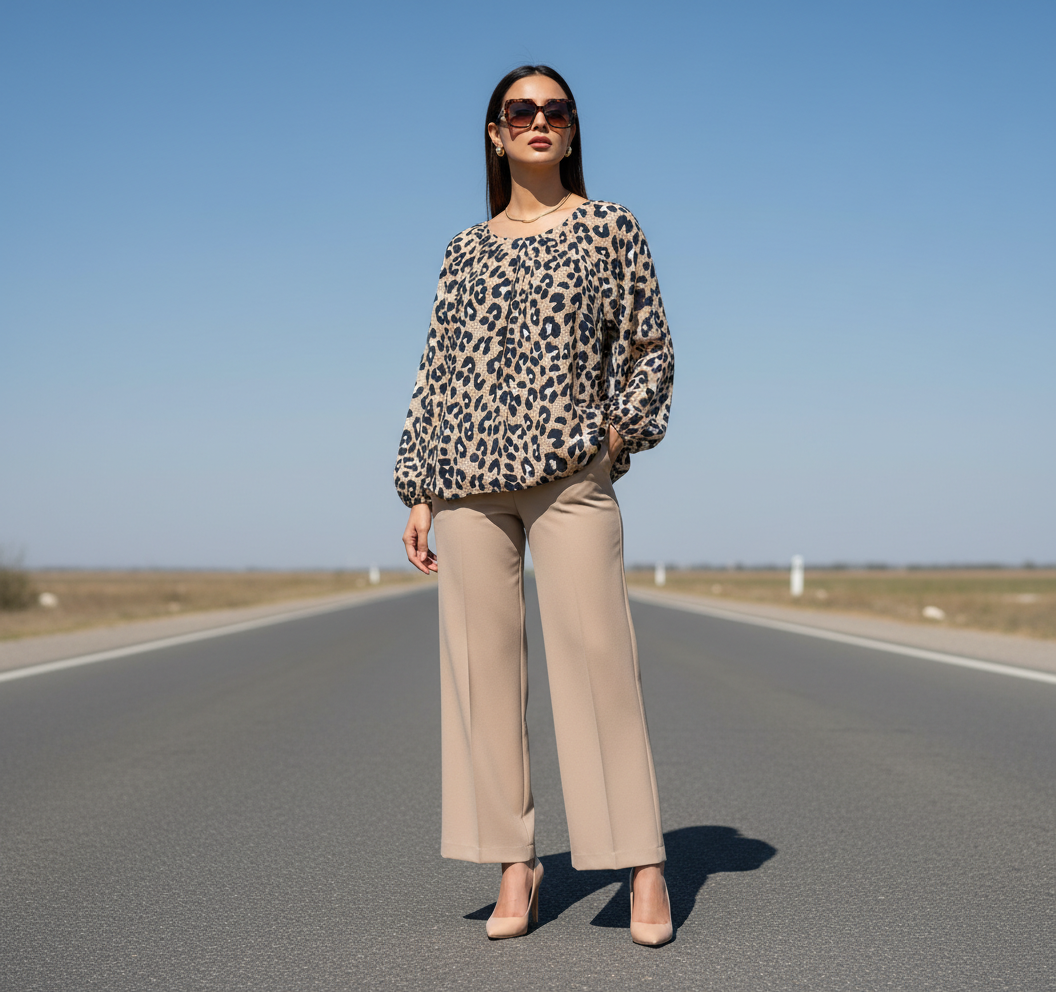 Leopard Print Shirred Blouse - IN SHAPE Bonnare Style