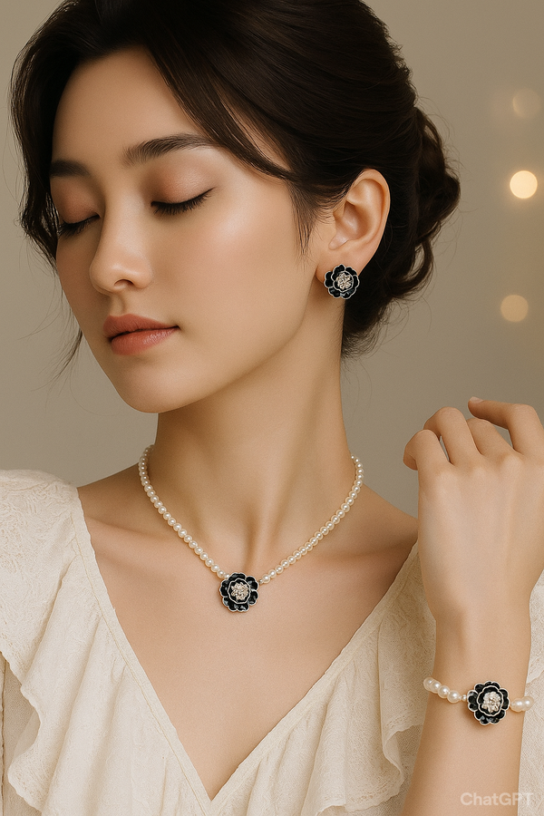 BONNARE Elegant Floral Pearl & Stone Jewelry Set – Necklace, Earrings & Bracelet
