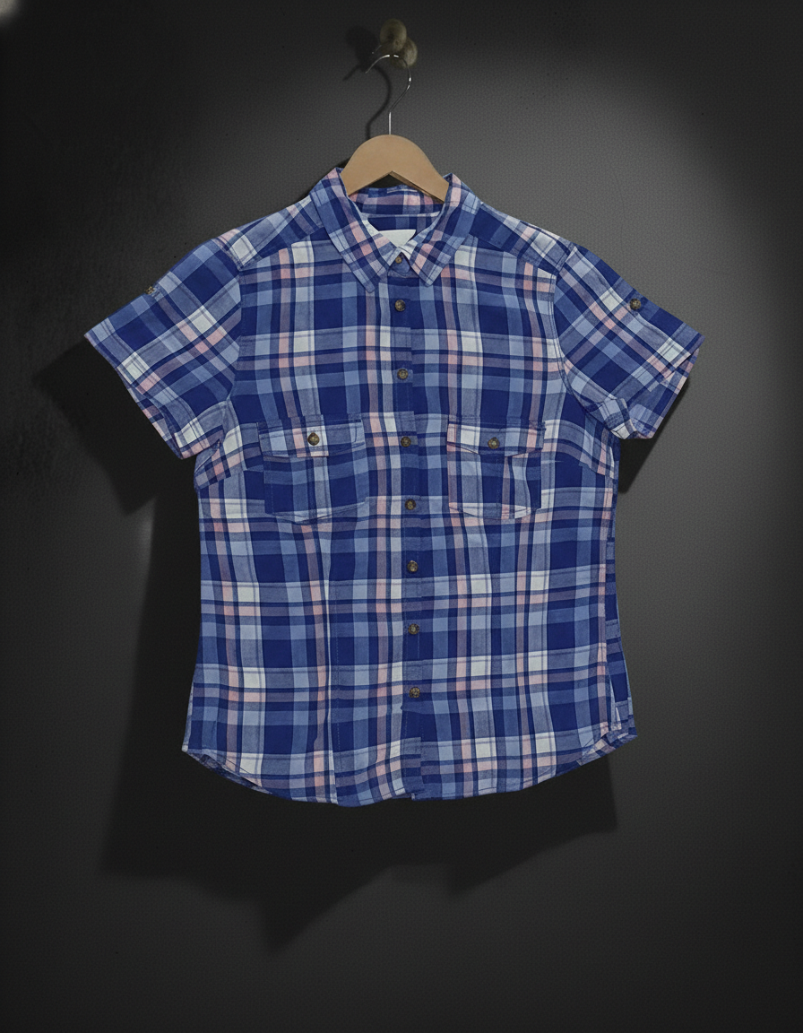 Blue Plaid Short-Sleeve Blouse- H&M Bonnare Style