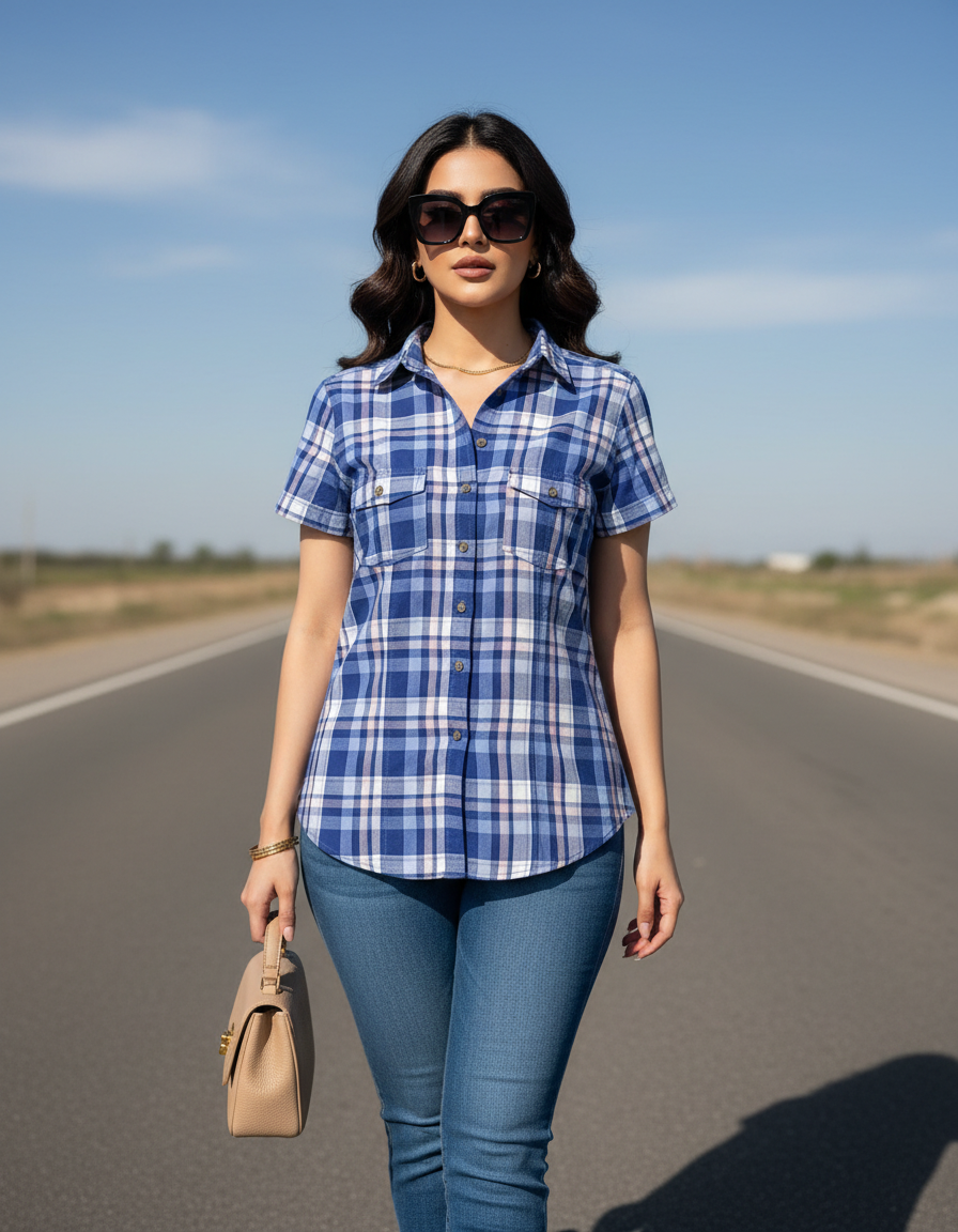 Blue Plaid Short-Sleeve Blouse- H&M Bonnare Style
