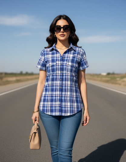 Blue Plaid Short-Sleeve Blouse- H&M Bonnare Style