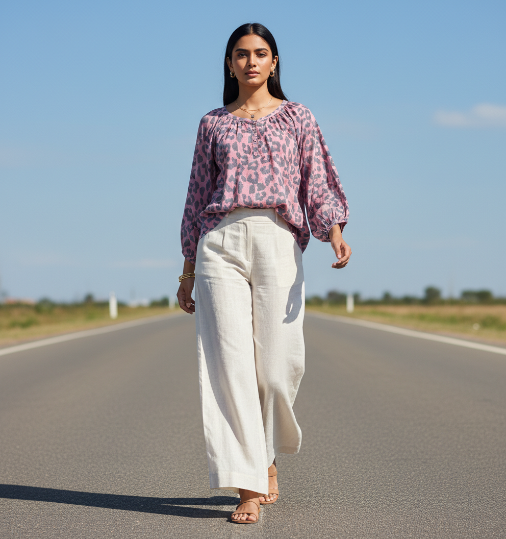 Leopard Print Gathered Blouse - VRS Bonnare Style