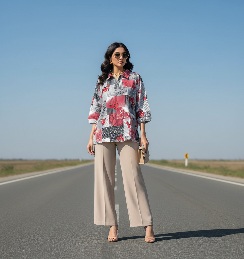 Patchwork Rose Polo Blouse Bonnare Style