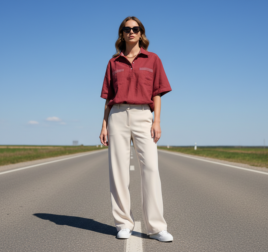 Maroon Popover Polo with Plaid Pockets - BASIC LINE Bonnare Style