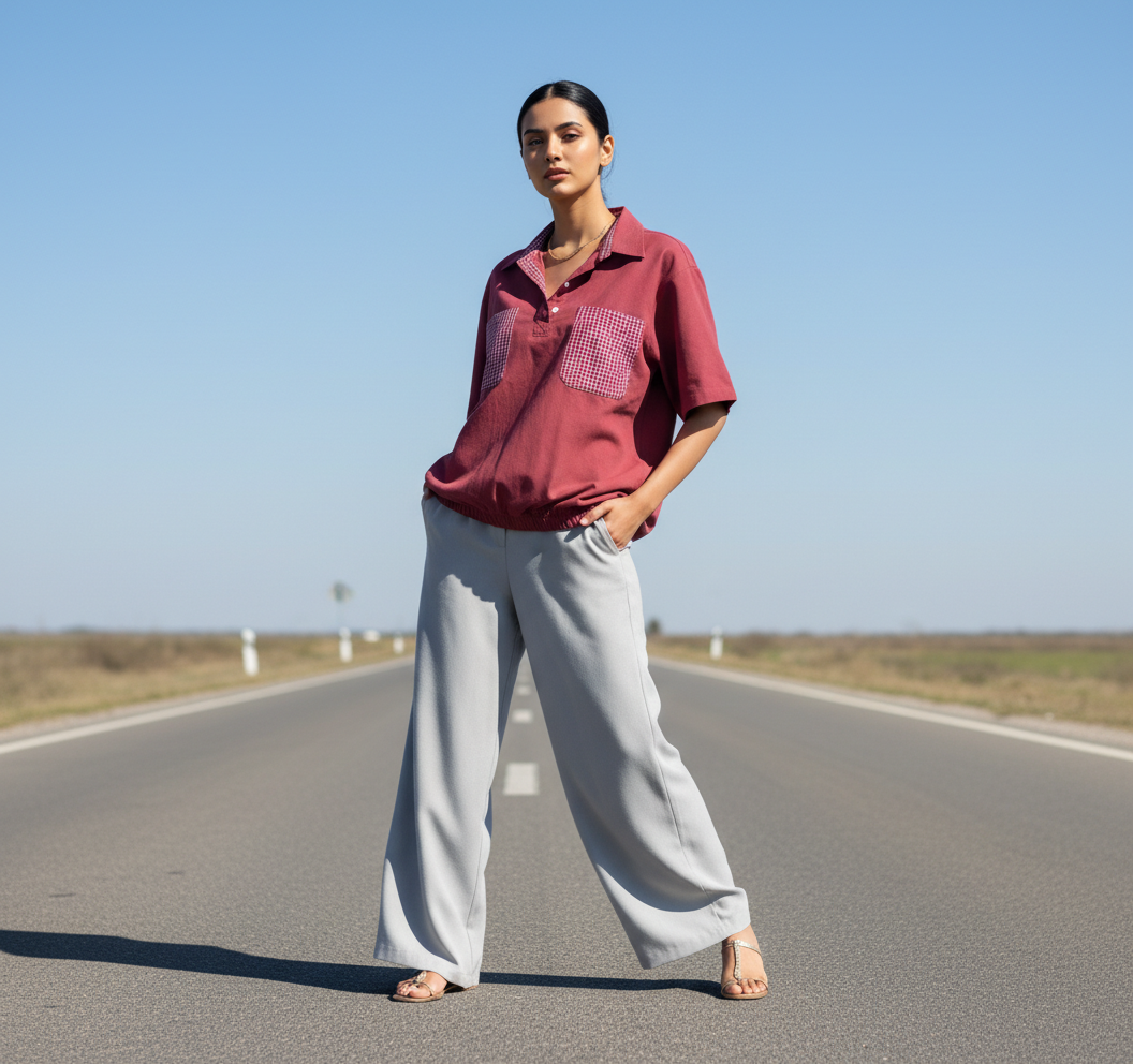 Maroon Popover Polo with Plaid Pockets - BASIC LINE Bonnare Style