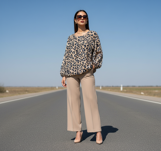 Leopard Print Shirred Blouse - IN SHAPE Bonnare Style