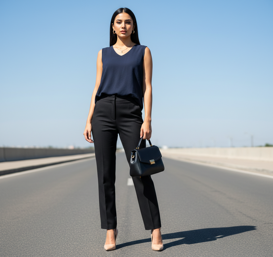 Dark Navy Sleeveless V-Neck Top Bonnare Style